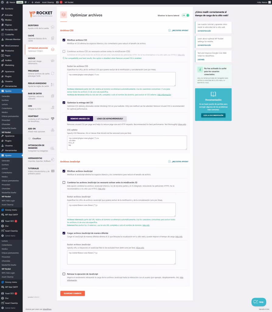 Optimización de archivos CSS y JS en WP Rocket